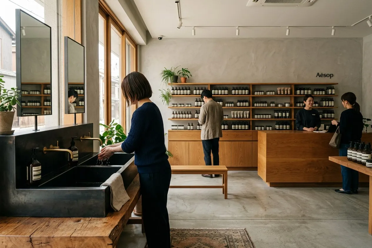 Aesop 風格極簡精品店面深色洗手台與棕色瓶罐 — 零售嗅覺工程現場