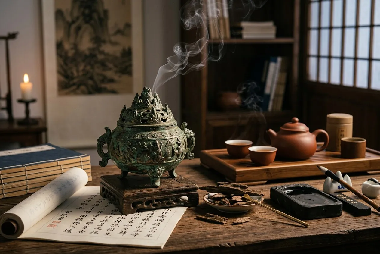 中國古代博山爐青銅焚香與紫砂壺、書法捲軸 — 文人香文化 2000 年現場
