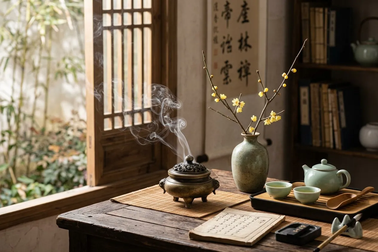 東方文人書桌沉香爐煙裊裊與梅枝青瓷茶具 — 節氣香氣的東方美學