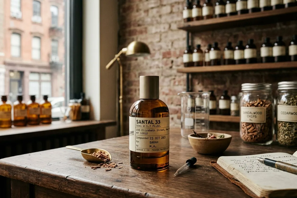 棕色玻璃瓶手寫標籤的紐約風小眾調香工作室 — 致敬 Le Labo Santal 33