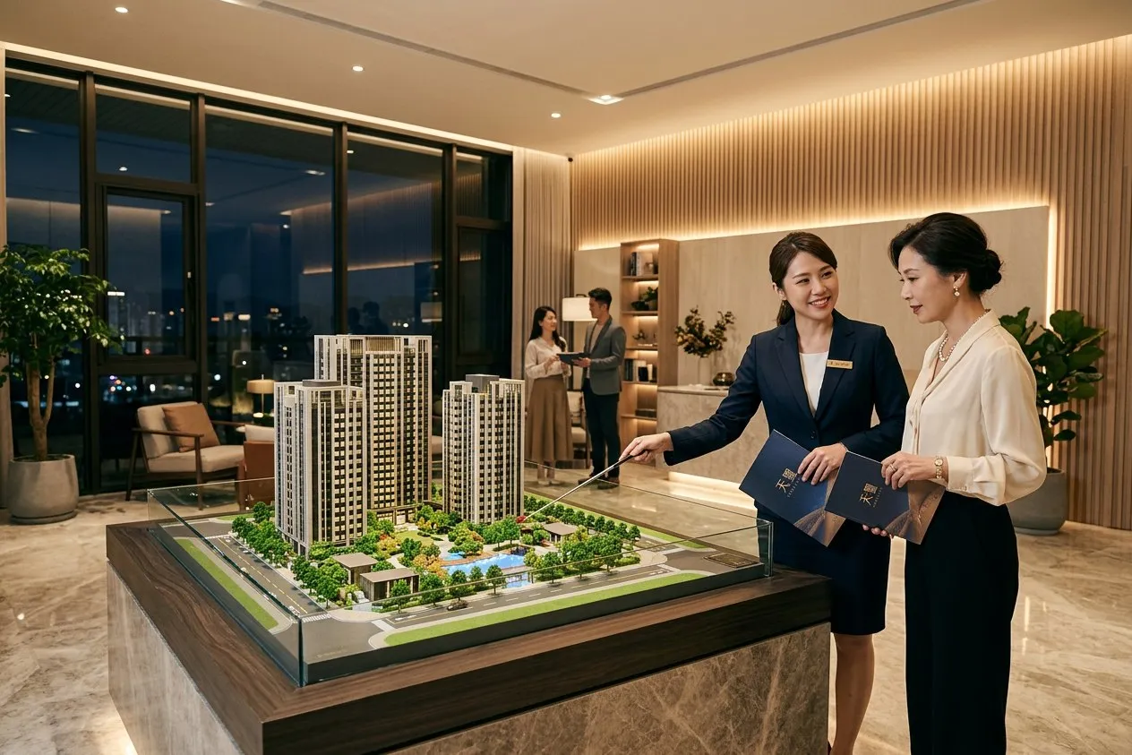 預售屋接待中心業務在沙盤前與客戶洽談 — 嗅覺氛圍設計現場