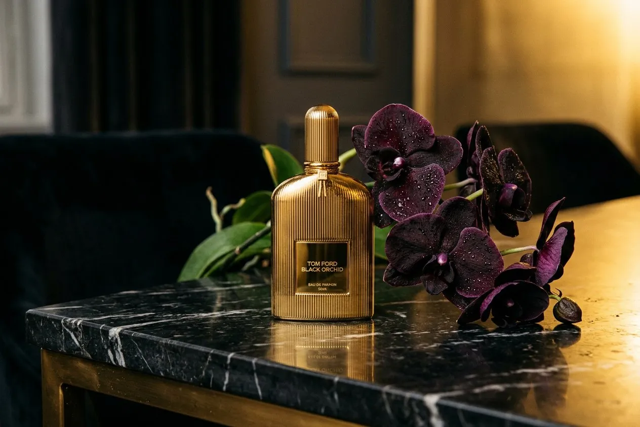 致敬 Tom Ford Black Orchid 金色奢華瓶身與深紫蘭花 — 中性香革命的代表作